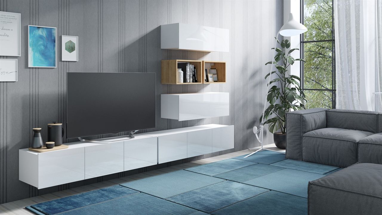 Mediawand Wohnwand 6 tlg - KAVOS 9 - Weiss Hochglanz