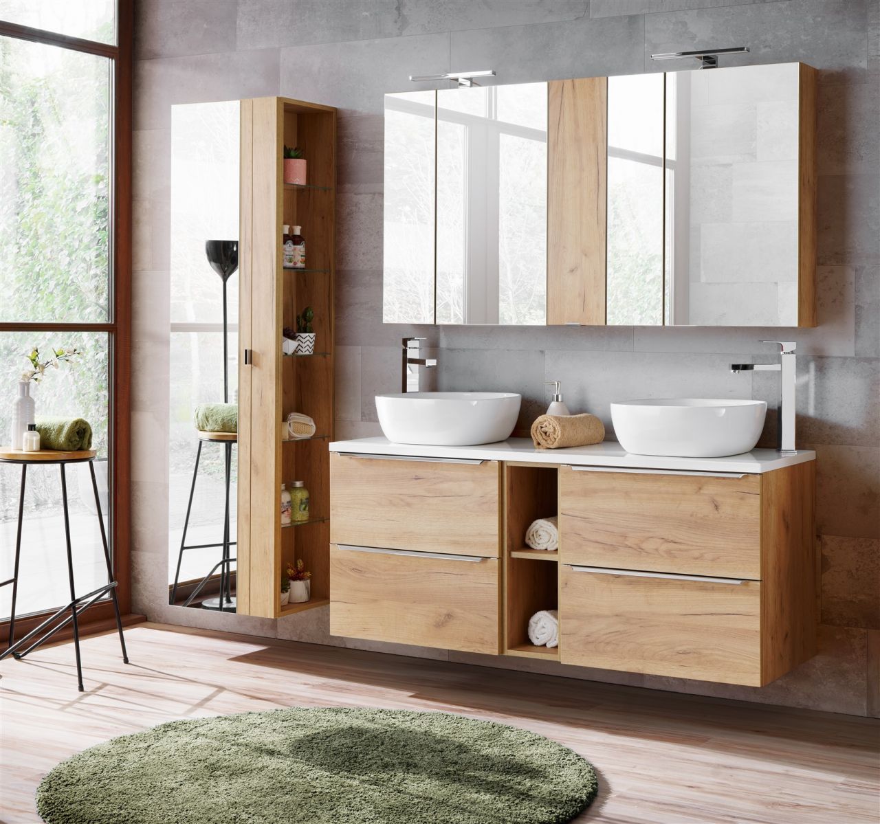 Badmöbel Set 10-tlg Badezimmerset PERUGIA Gold Eiche inkl.Waschbecken