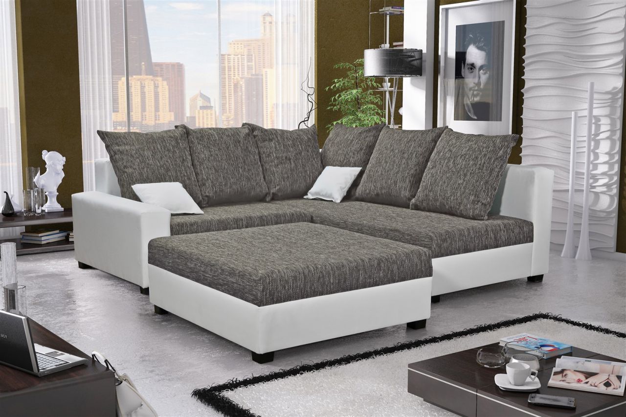Ecksofa Sofa NINA inkl.Hocker Weiss / Grau Ottomane Rechts