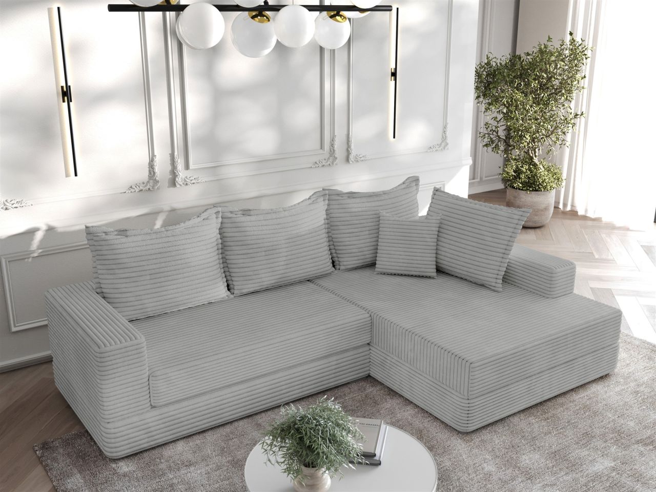 Ecksofa Couchgarnitur Sofa OSKAR in Stoff Tilia Hellgrau Ottomane Rechts