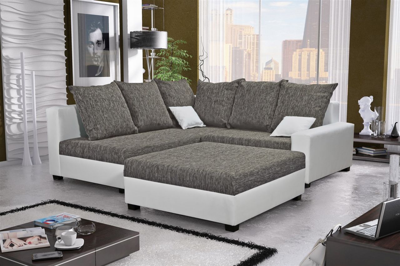 Ecksofa Sofa NINA inkl.Hocker Weiss / Grau Ottomane Links