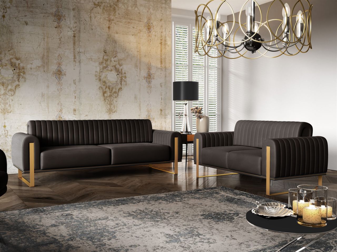 Sofaset Designersofas VALERIE 3-2 in Stoff Stoff Elisa Velvet Schwarz