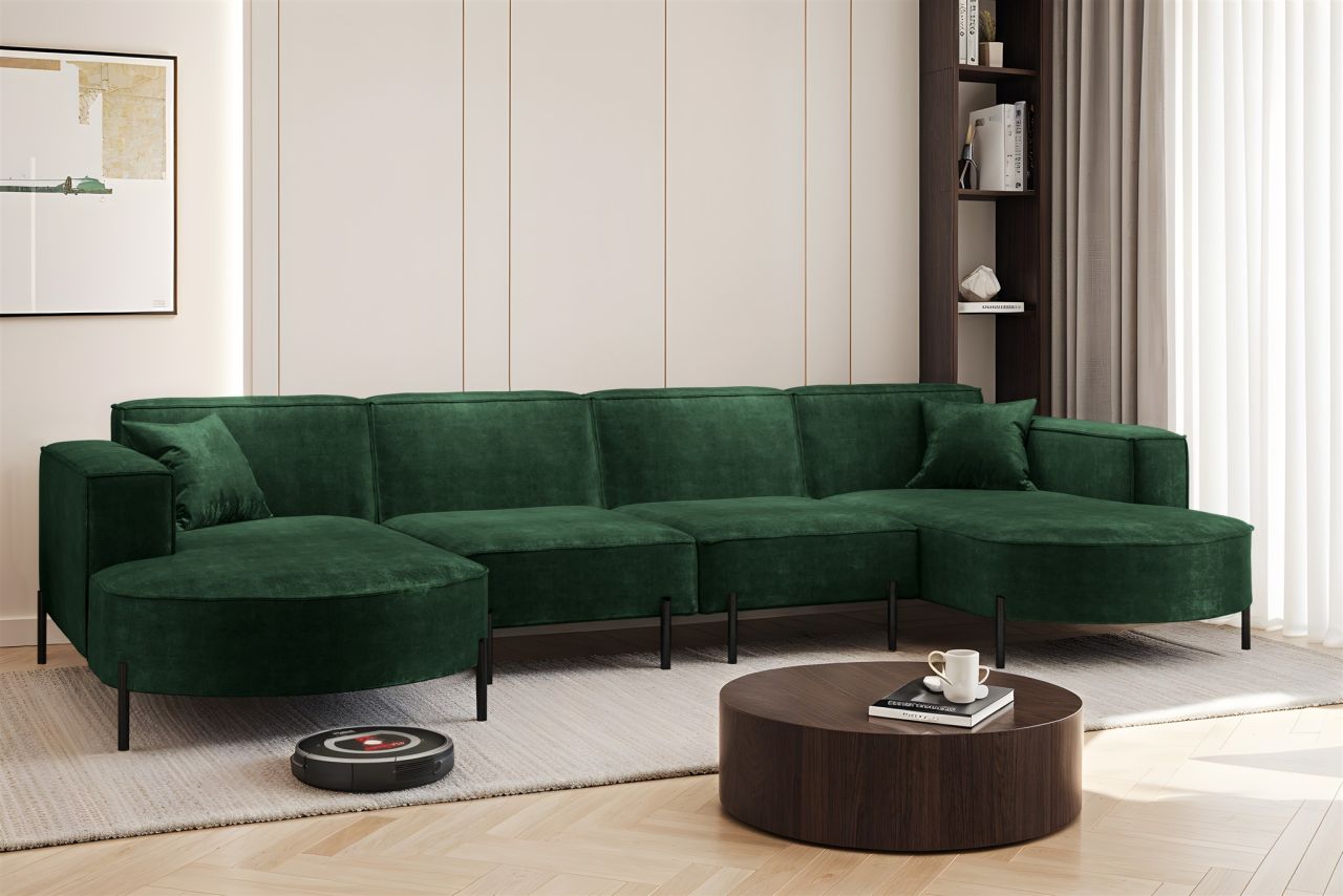 Wohnlandschaft U-Form Sofa VALENCIA XL in Stoff Noel Dunkelgrün