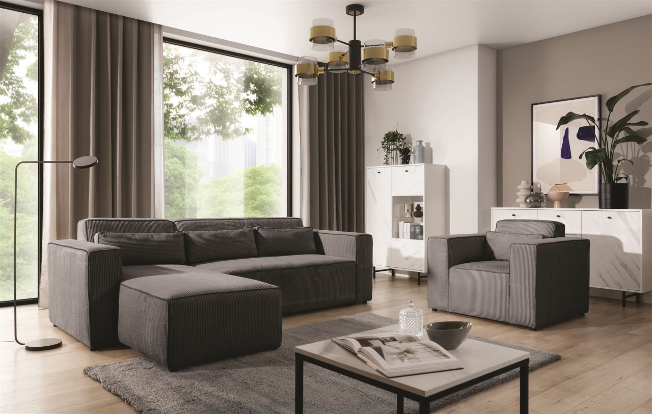Ecksofa Schlafsofa inkl. Sessel WALDO Stoff Poso Anthrazit Ottomane Links