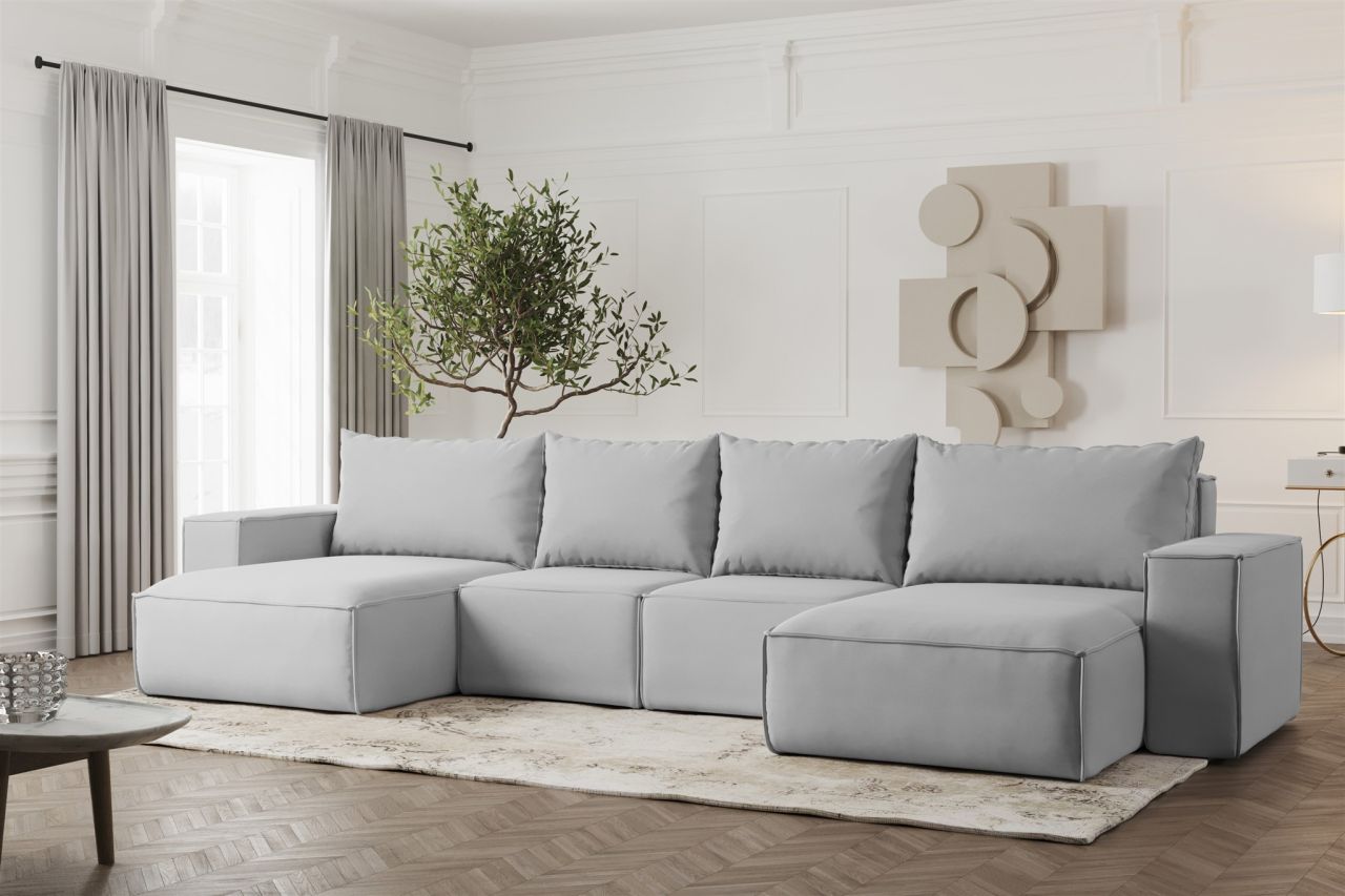 Wohnlandschaft U-Form Sofa ESTELLE in Stoff Opera Velvet Hellgrau
