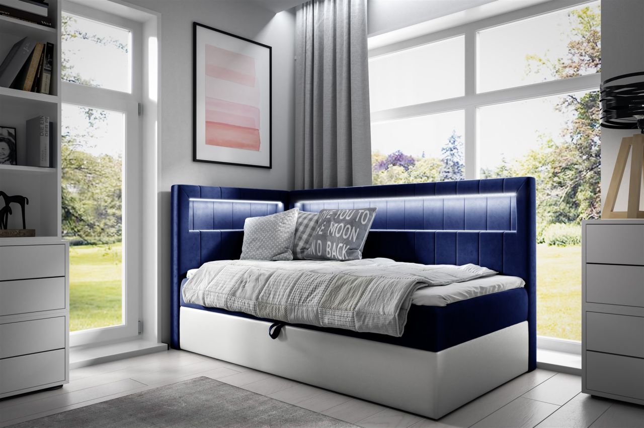 Boxspringbett Gästebett Kinderbett FABIAN Nr.3 90x200cm Weiss-Blau Seite Links