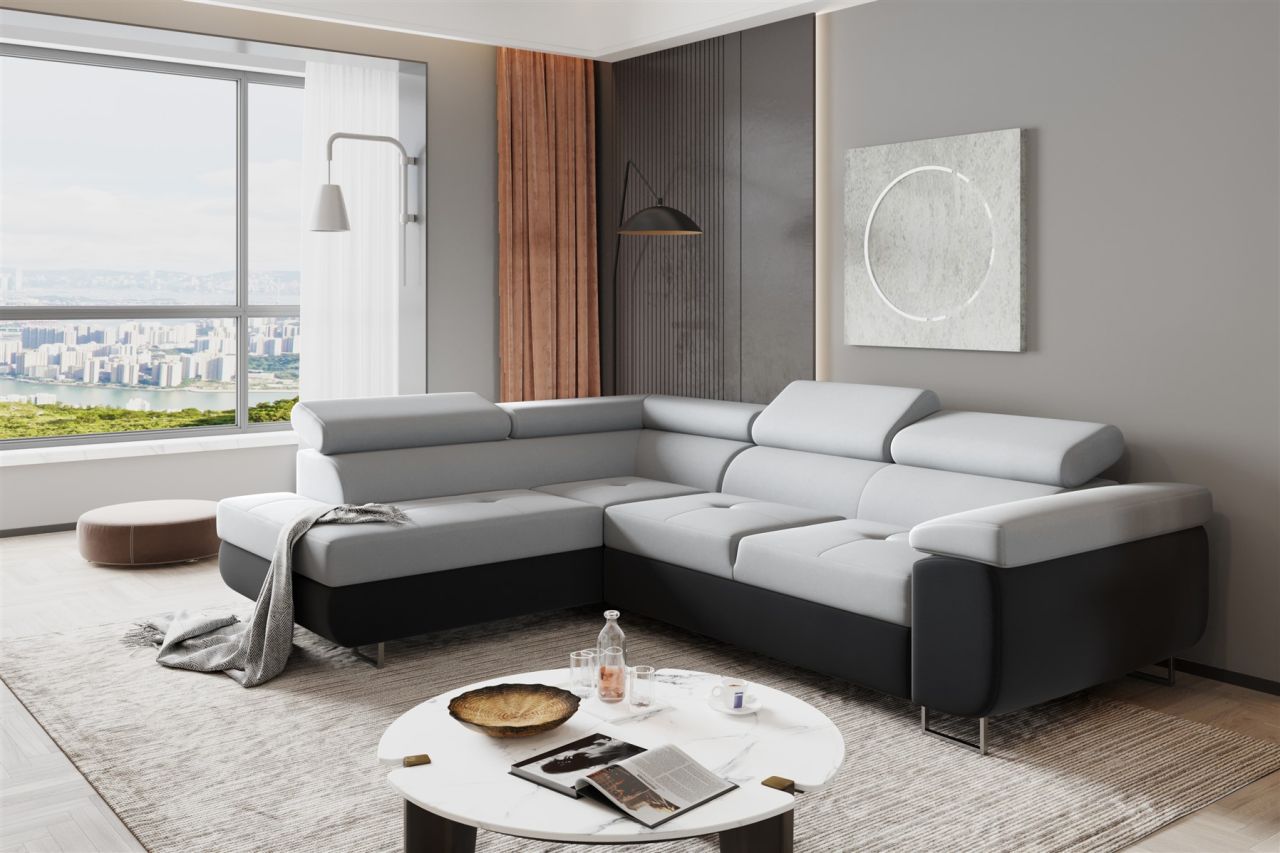 Couchgarnitur JADE Stoff Anthrazit-Hellgrau mit Schlaffunktion Ottomane Links