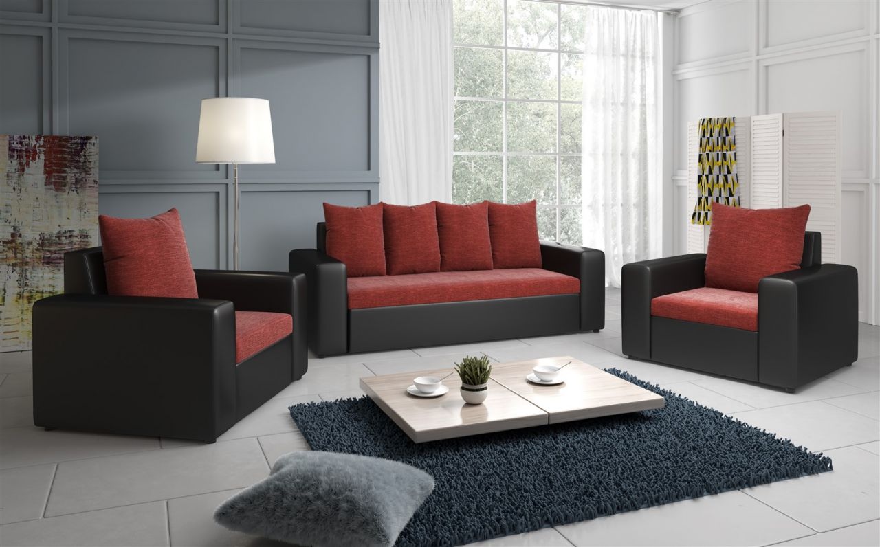 Sofa Set NINA 3-1-1 Sofagarnitur in Schwarz / Weinrot