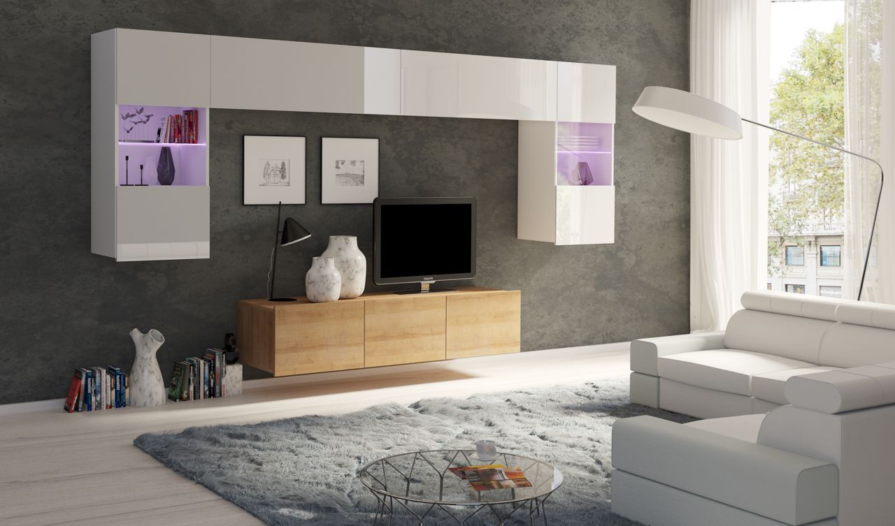 Mediawand Wohnwand 5 tlg - LABRI 2 - Sonoma Eiche / Weiss Hochglanz