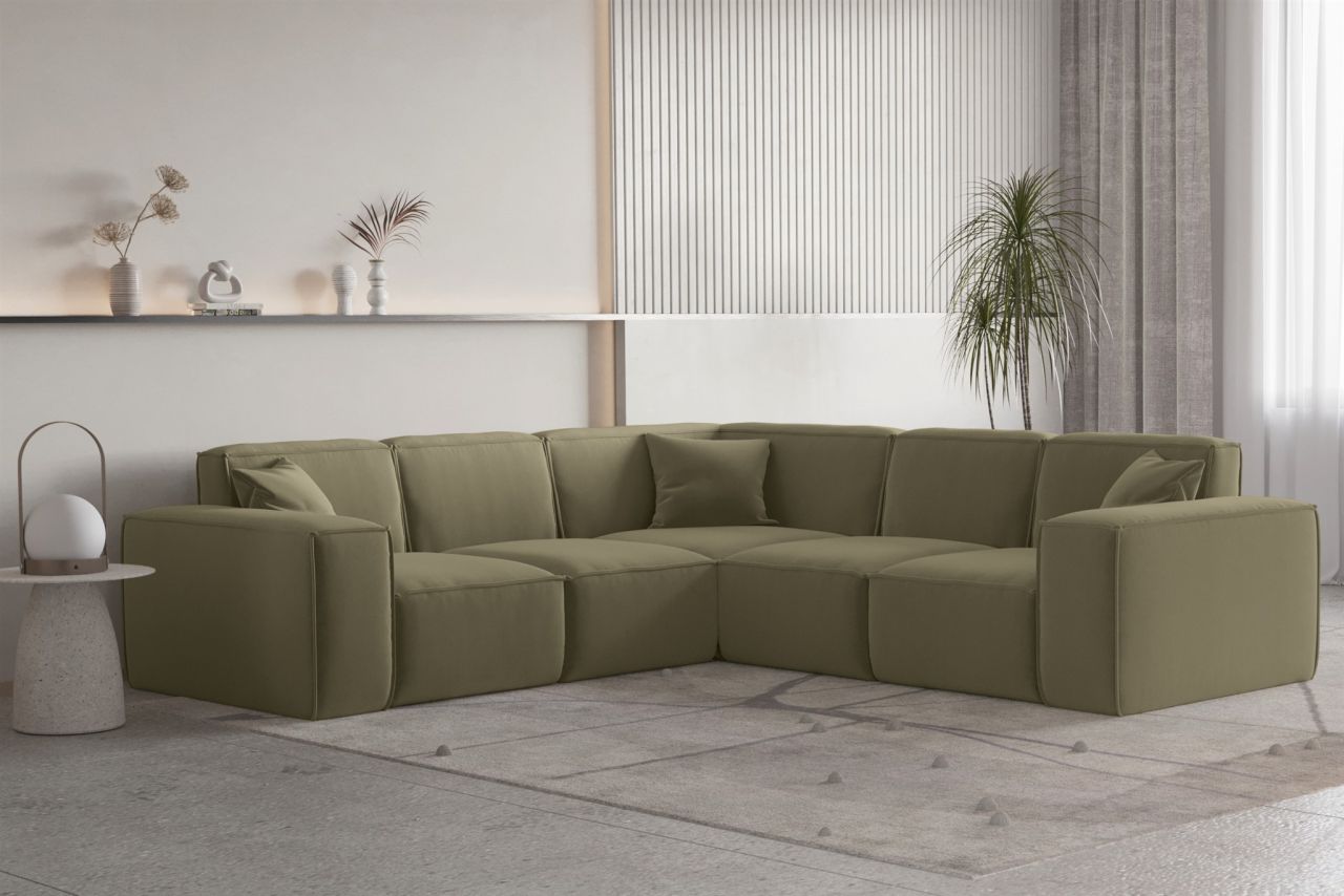 Ecksofa Designersofa CELES PREMIUM Stoff Opera Velvet Olivgrün Seite Universal