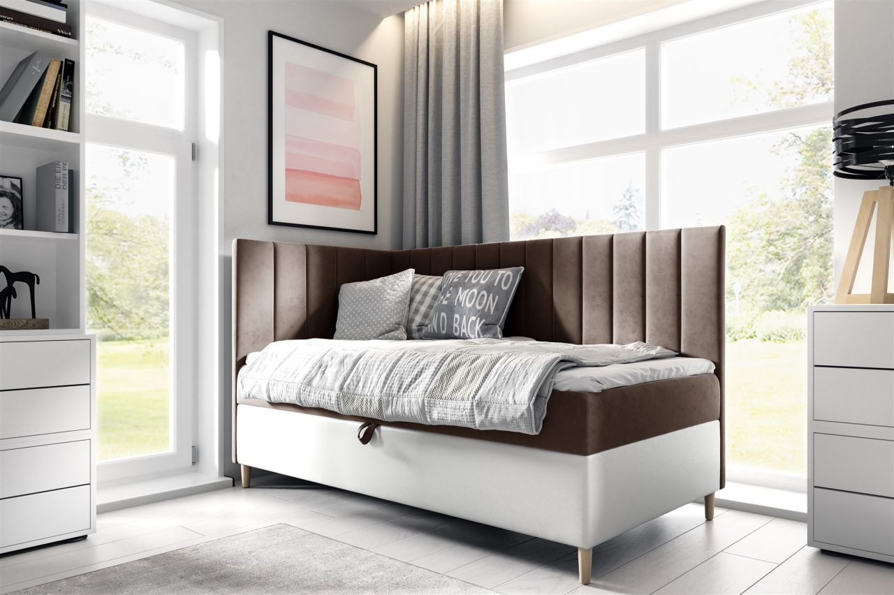 Boxspringbett Gästebett Kinderbett HELVI Nr.3 80x200cm Weiss-Braun Seite Links