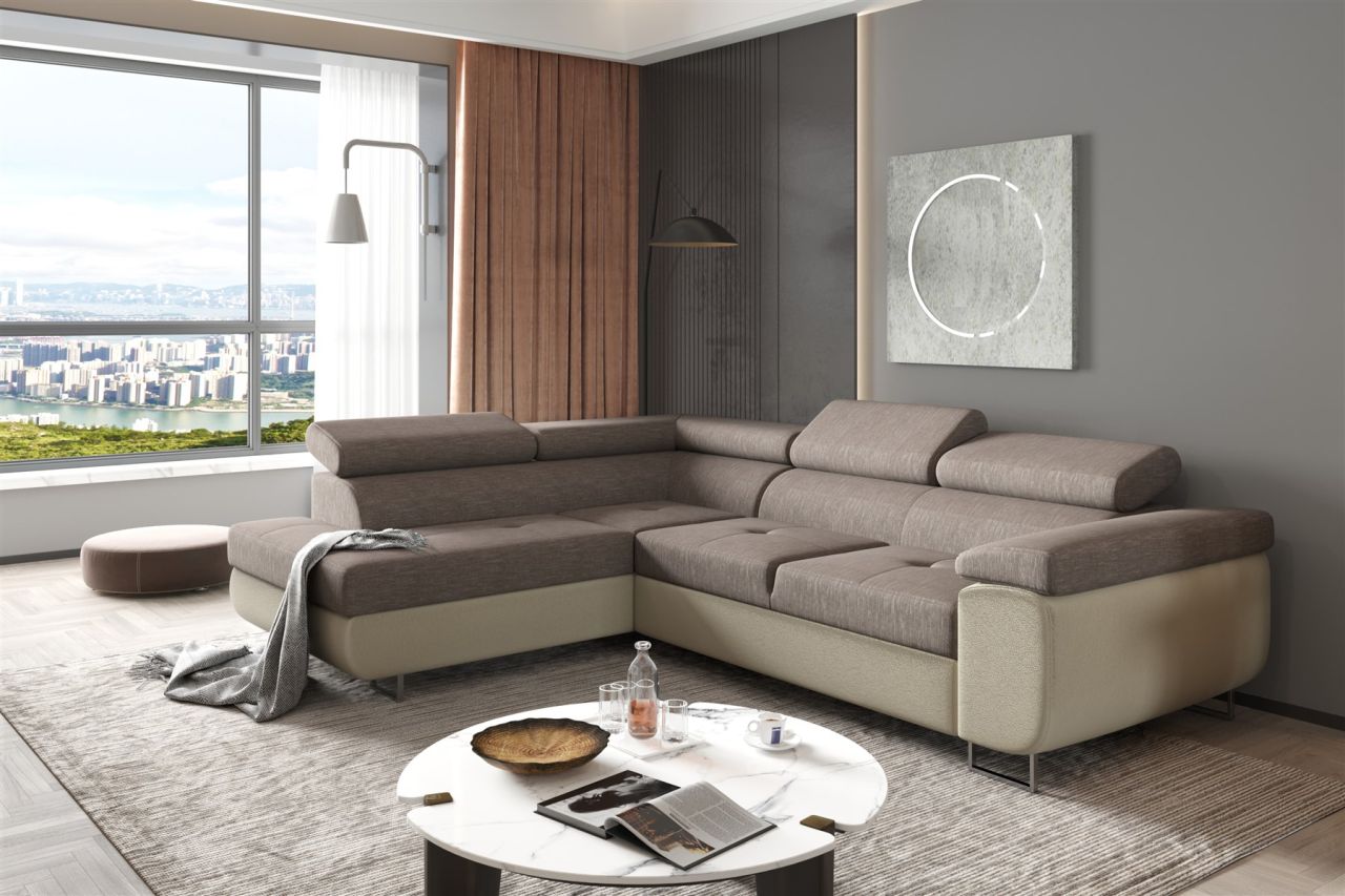 Couchgarnitur JADE Stoff Creme-Grau mit Schlaffunktion Ottomane Links