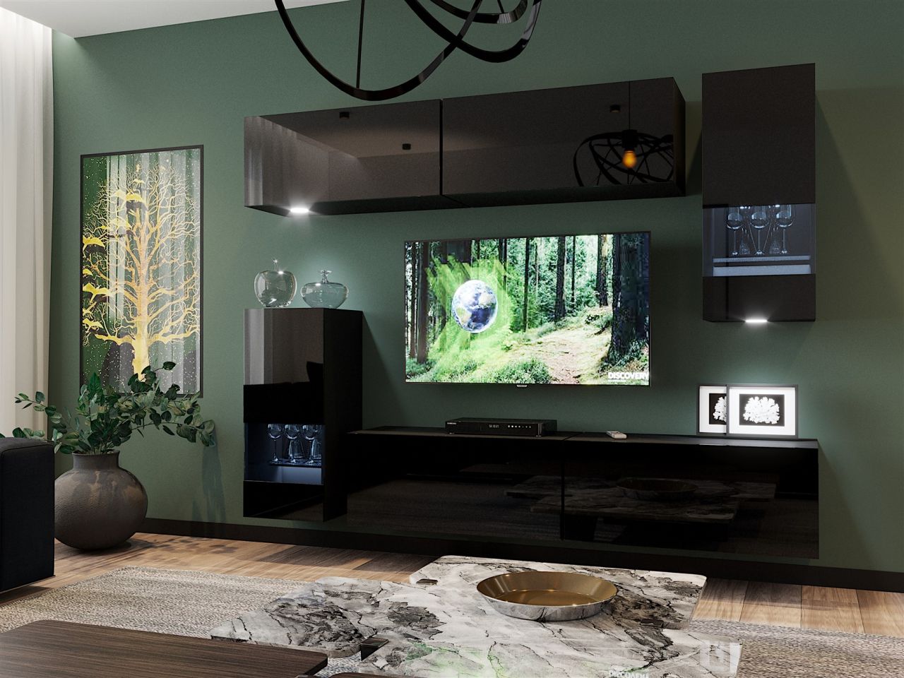 Mediawand Wohnwand 6 tlg - NEXI XL 37 - Schwarz Hochglanz inkl. LED