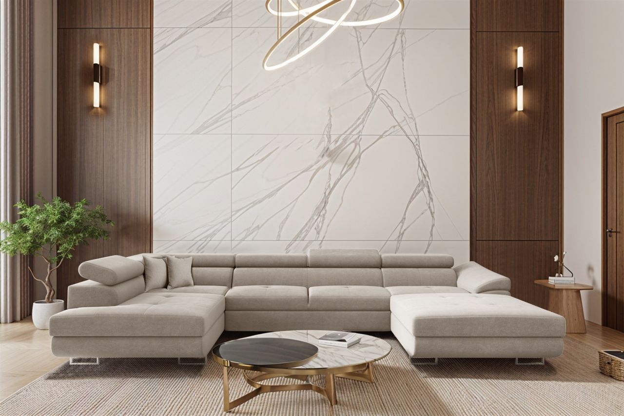 Wohnlandschaft Schlafsofa Sofa CARMELO in Stoff Nova Hellgrau Ottomane Rechts