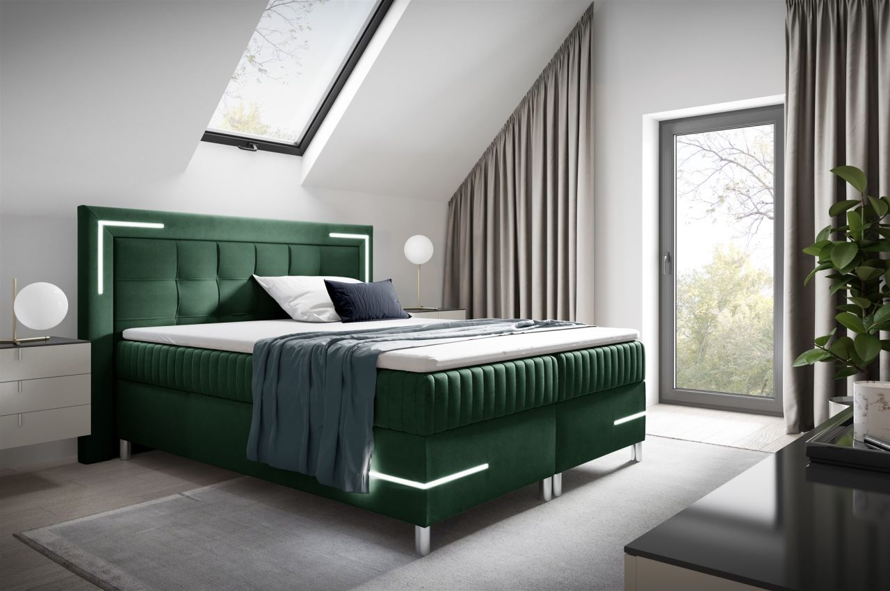Boxspringbett Schlafzimmerbett 160x200cm AMORE Nr.2 Grün inkl. LED-Beleuchtung