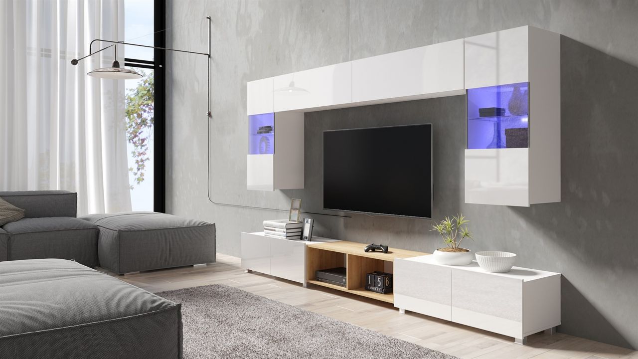 Mediawand Wohnwand 7 tlg - KAVOS 4 - Weiss Hochglanz inkl.LED