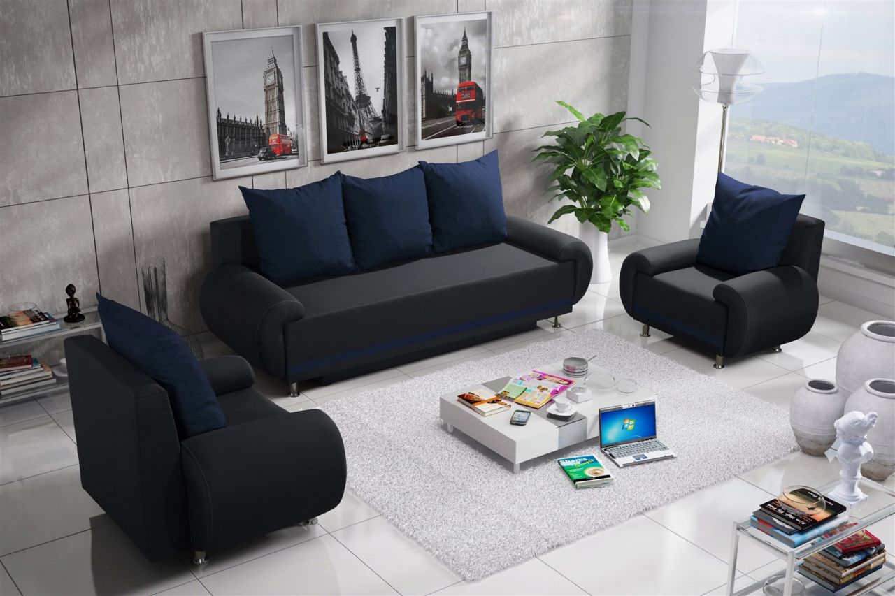 Sofa Set MIKA 3-1-1 Sofagarnitur in Polyesterstoff Anthrazit / Blau