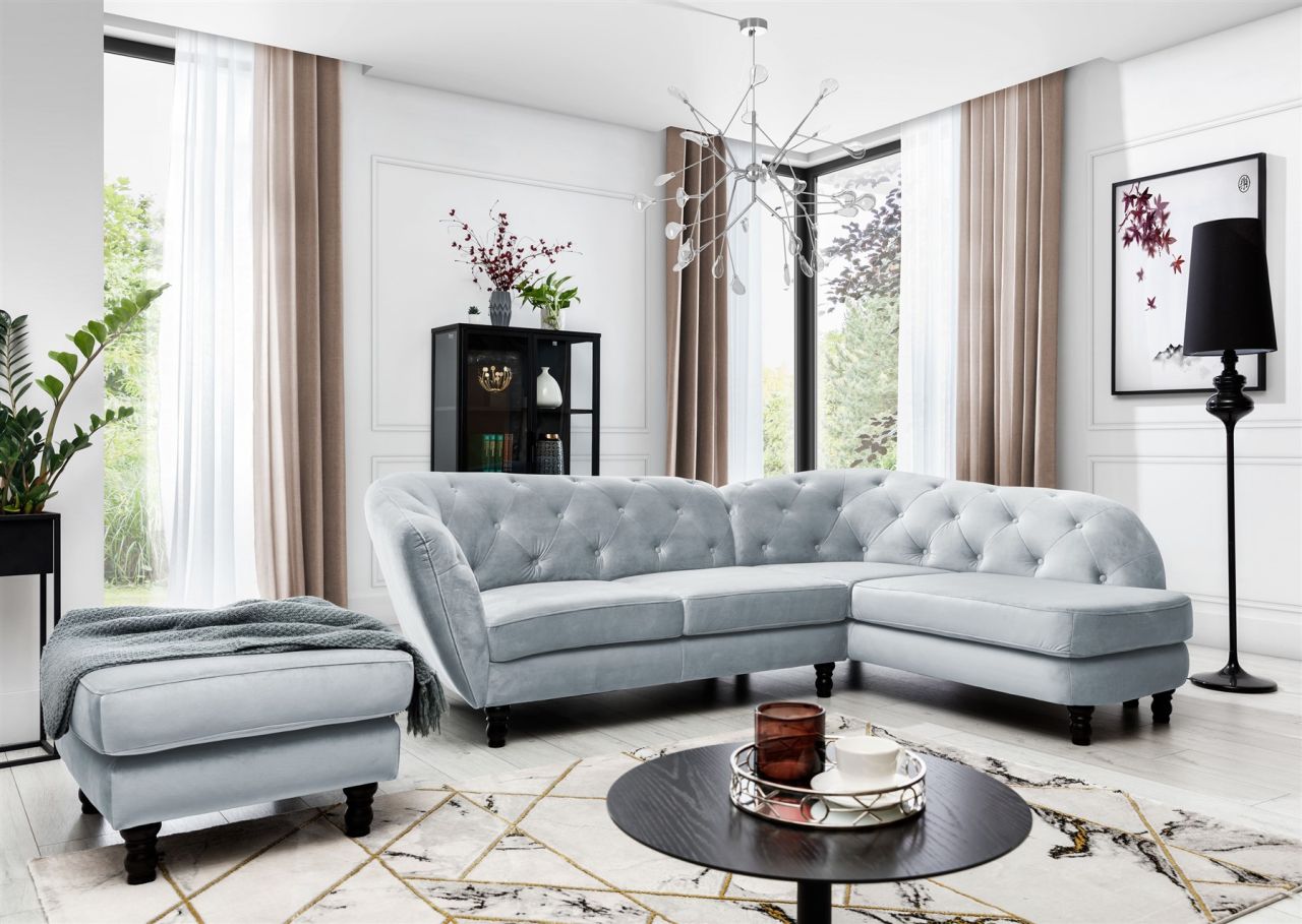 Ecksofa inkl.Hocker CHARLOTTE in Stoff Matt Velvet Hellgrau Ottomane Rechts