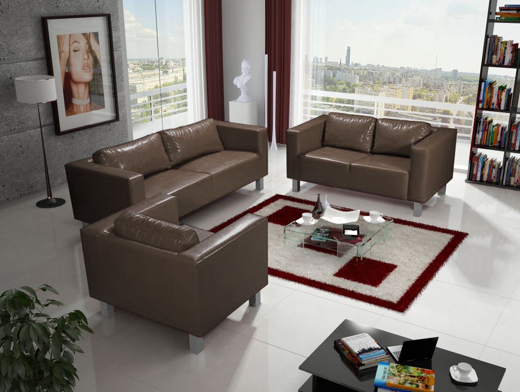 Sofa Set MAILAND 3-2-1 Sofagarnitur in Kunstleder Braun