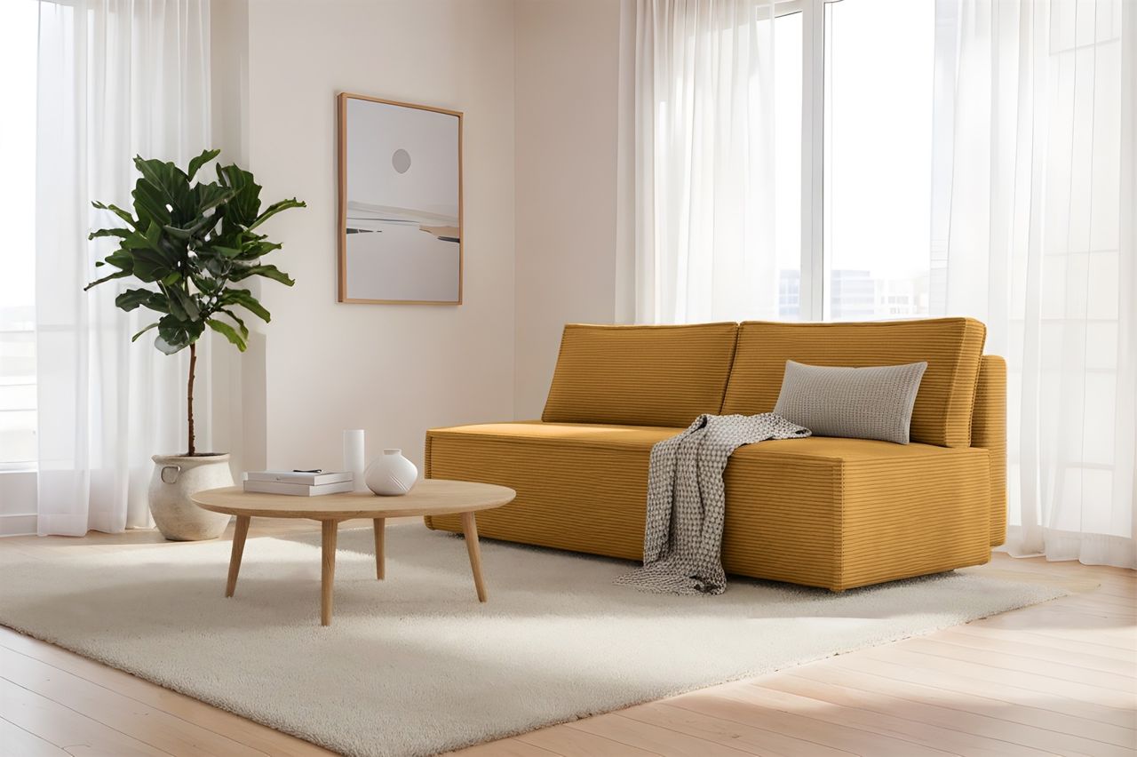 Sofa 3-Sitzer AMANDA mit Schlaffunktion in Stoff Poso Honiggelb / Speed