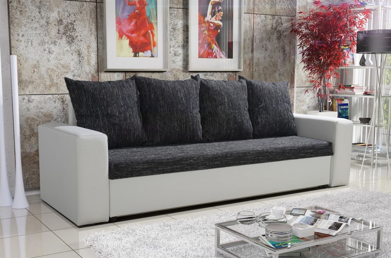 Sofa Schlafsofa inklusive Bettkasten NINA Weiss / Schwarz