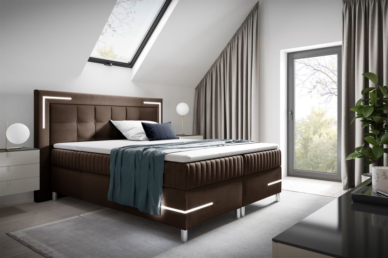 Boxspringbett Schlafzimmerbett 180x200cm AMORE Nr.2 Braun inkl. LED-Beleuchtung