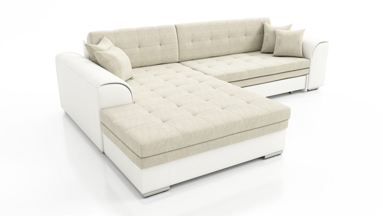 Couchgarnitur SARRA Weiss- Beige mit Schlaffunktion Ottomane Links