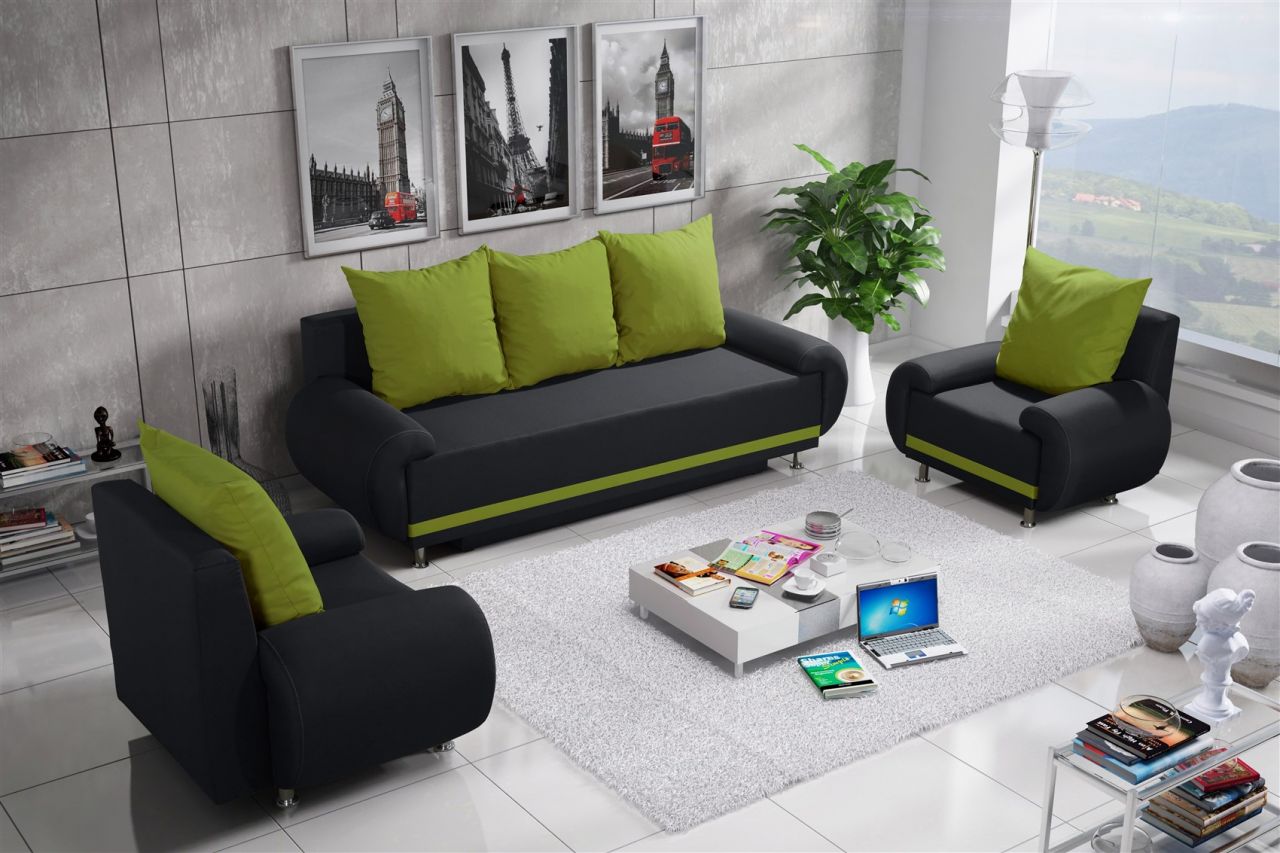 Sofa Set MIKA 3-1-1 Sofagarnitur in Polyesterstoff Anthrazit/ Limette