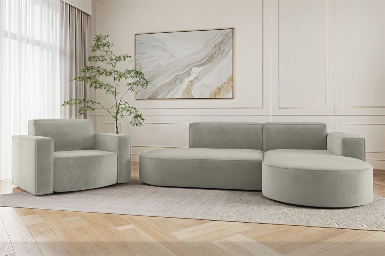 Sofa Set 2-teilig Sessel und Ecksofa PALMA XS Stoff Noel Hellgrau Ottomane Re...