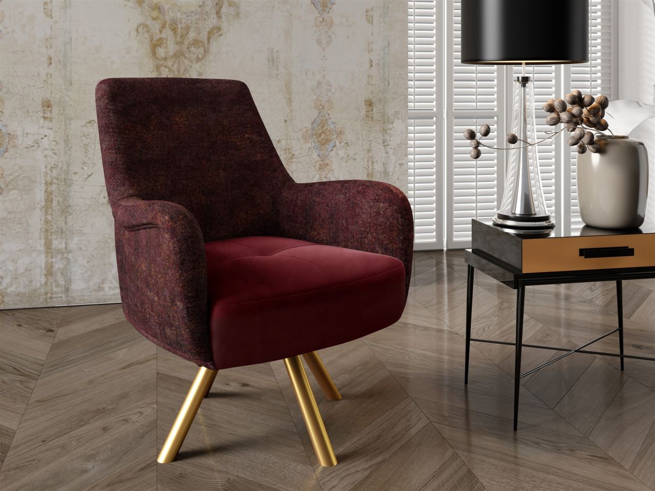 Sessel Drehsessel VALERIE in Stoff Touch Me und Elisa Velvet Bordeauxrot