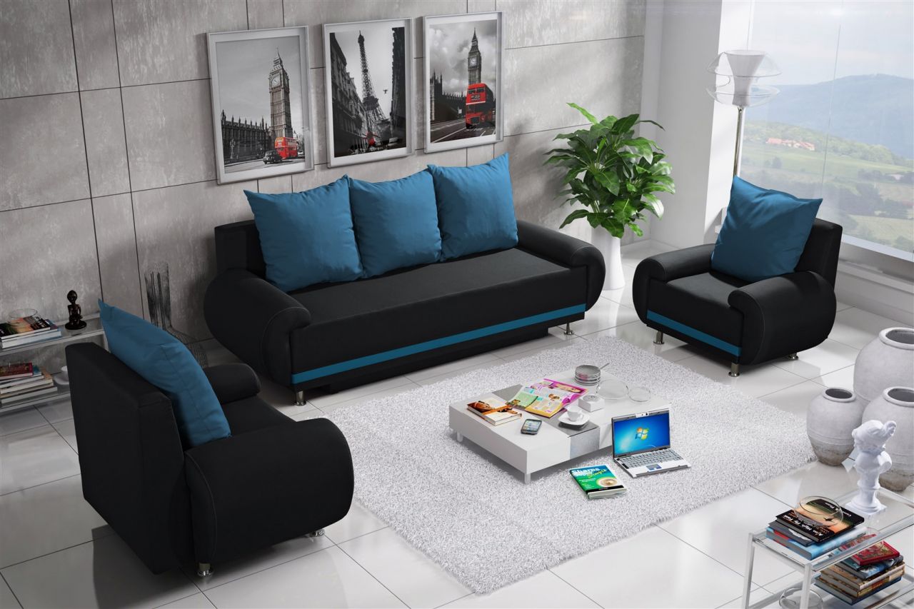 Sofa Set MIKA 3-1-1 Sofagarnitur in Polyesterstoff Anthrazit/ Hellblau