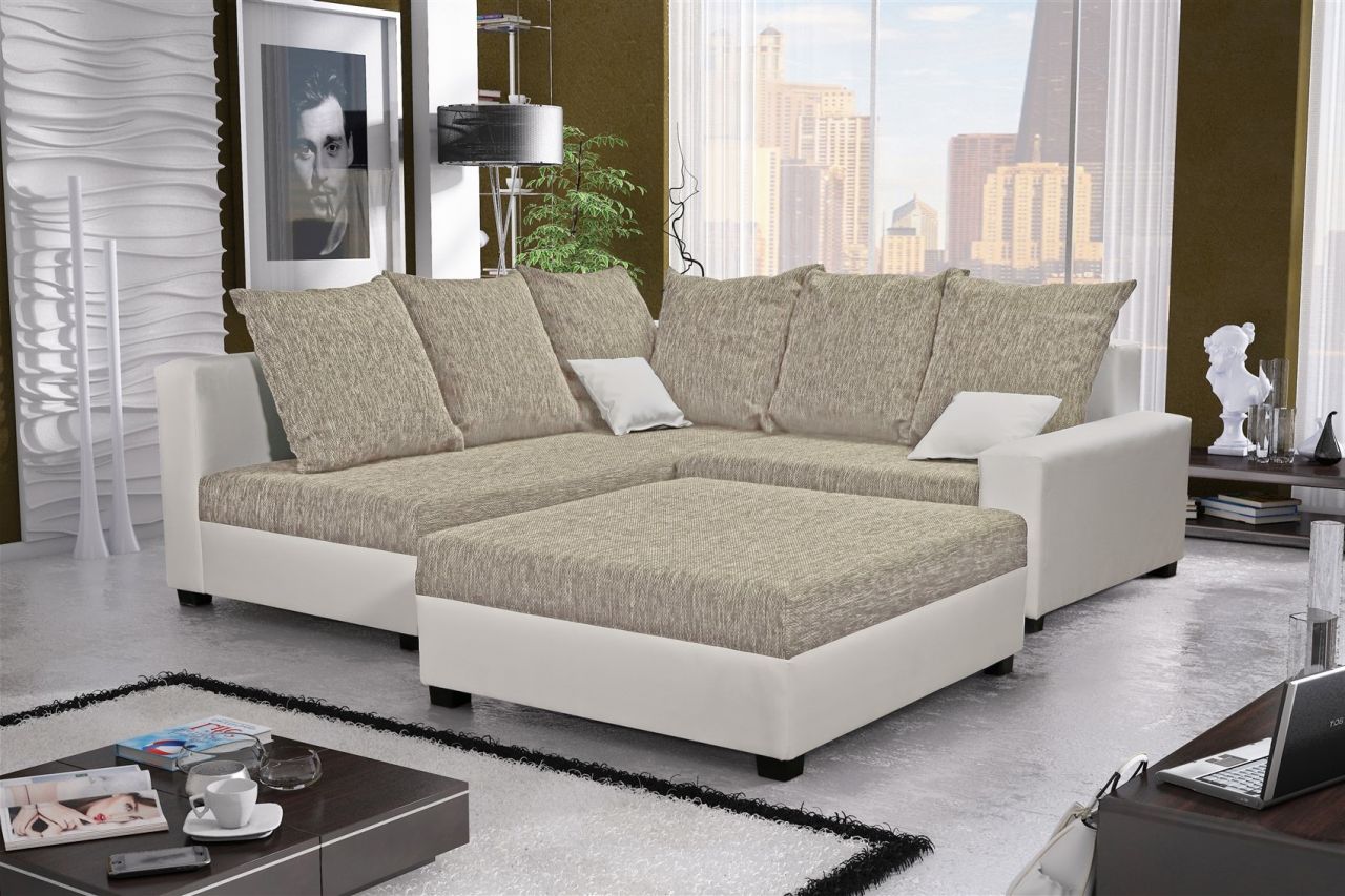 Ecksofa Sofa NINA inkl.Hocker Weiss / Beige Ottomane Links
