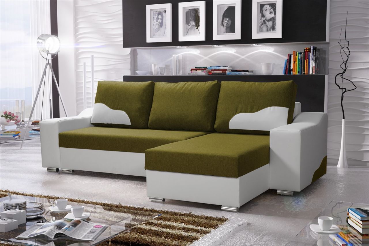 Ecksofa Sofa COLLIN mit Schlaffunktion Weiss/ Olivgrün Ottomane Rechts