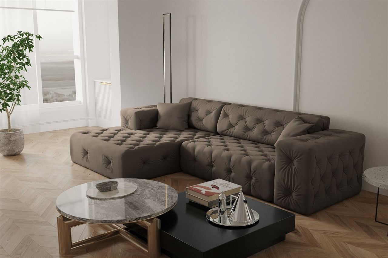 Ecksofa Designersofa CHANTAL in Stoff Opera Velvet Braun Ottomane Links