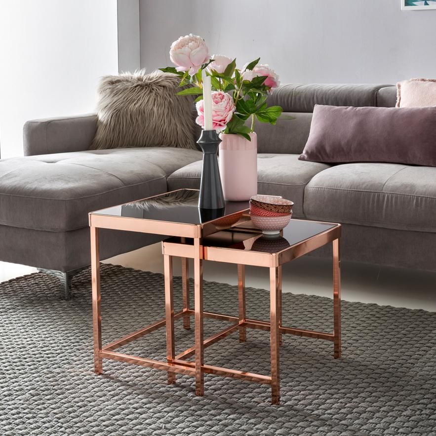 Satztisch Couchtisch CHARMS Metall Glas Schwarz / Kupfer 2-teilig