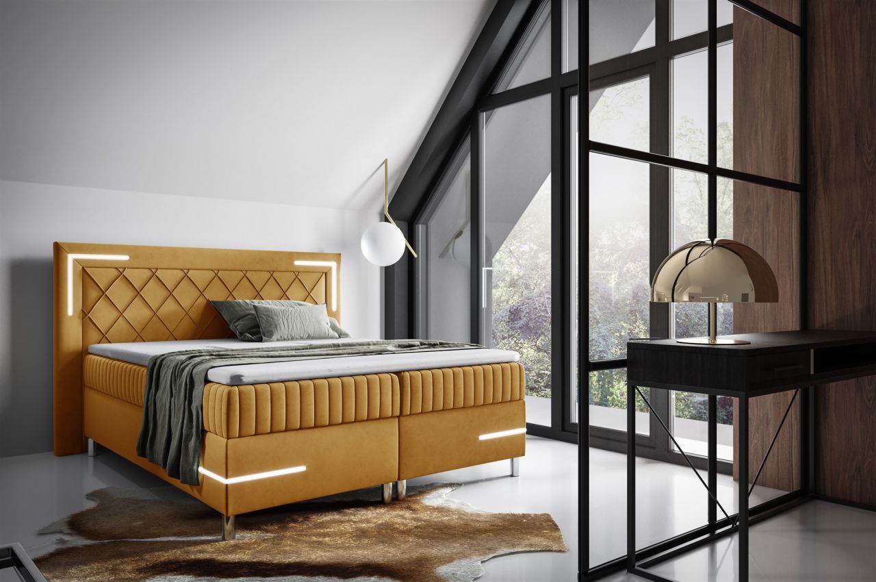Boxspringbett Schlafzimmerbett 200x200cm AMORE Nr.3 Gelb inkl. LED-Beleuchtung