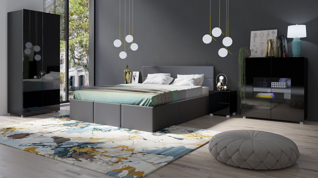 Schlafzimmer Komplett Set 5 tlg LABRI Grau- Schwarz Hochglanz