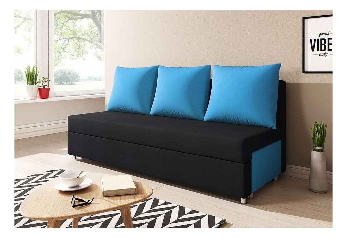 Sofa Schlafsofa inklusive Bettkasten AGNES Schwarz / Blau