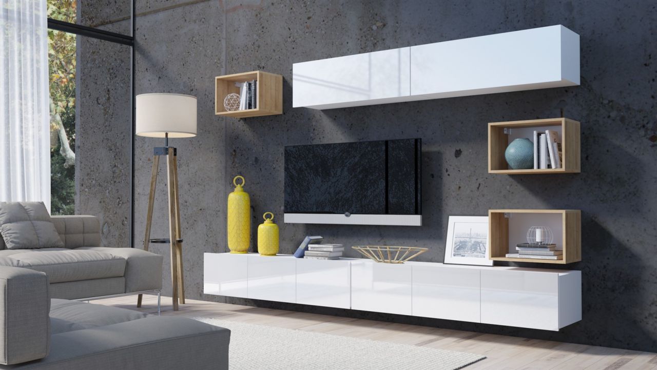 Mediawand Wohnwand 7 tlg - KAVOS 17 - Weiss Hochglanz