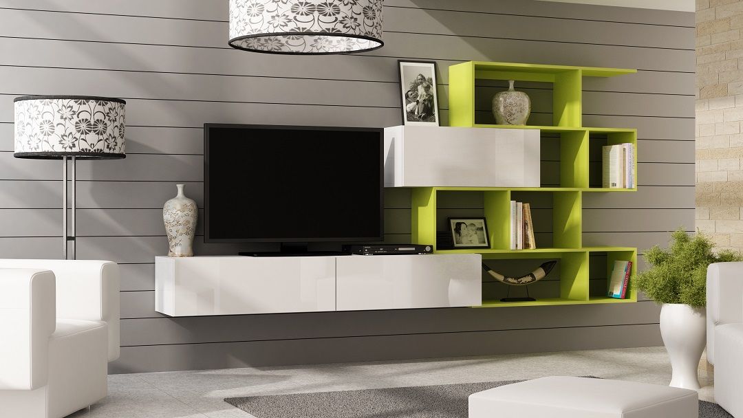 Mediawand Wohnwand 3 tlg - SKY - Weiss HGL / Limette