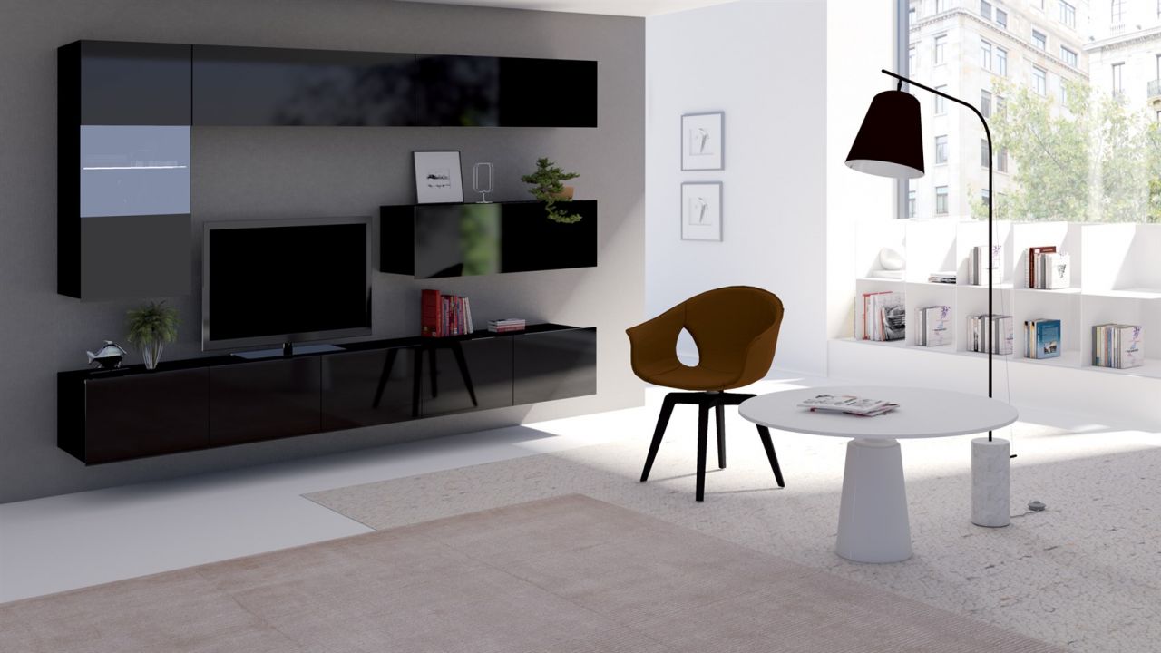 Mediawand Wohnwand 6 tlg - LABRI 4 - Schwarz Hochglanz