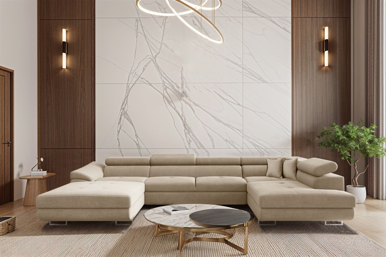 Wohnlandschaft Schlafsofa Sofa CARMELO in Stoff Nova Beige Ottomane Links