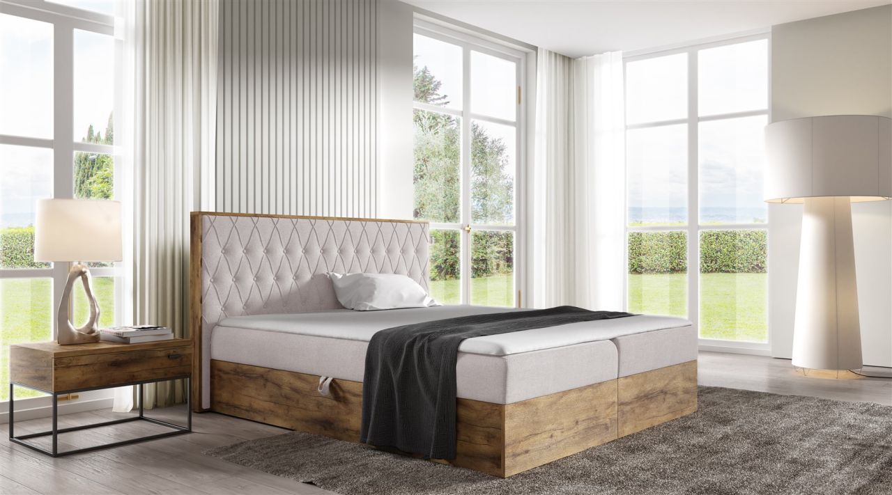 Boxspringbett Bett BROMIA 140x220cm Lancelot Eiche Stoff Hellbeige inkl. Bett...
