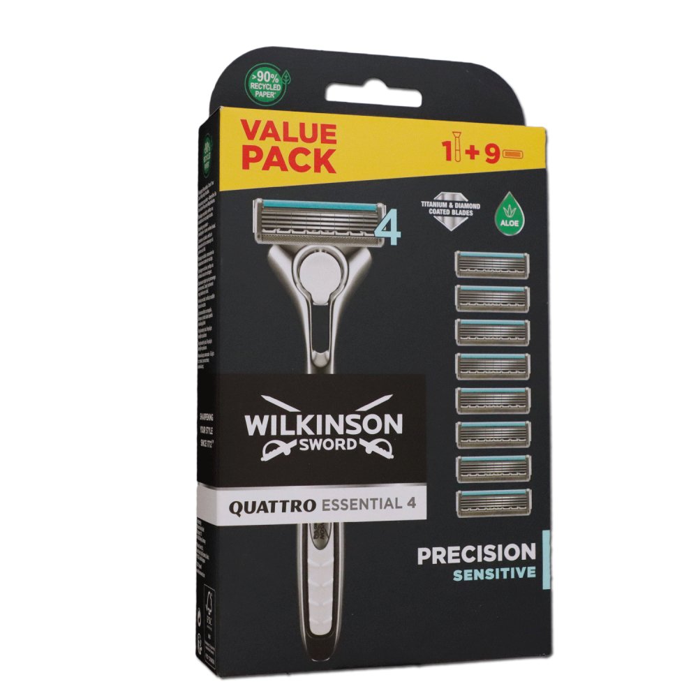 Wilkinson Sword Quattro Titanium Sensitive 1 Rasierer + 9 Ersatzklingen Rasierklingen