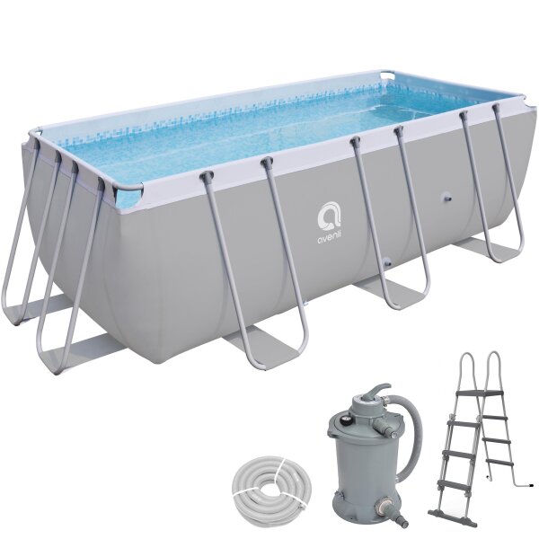 Avenli Frame Rectangular Pool Set 400 x 207 x 122 cm, rechteckiger Stahlrahmen Pool mit Sandfilterpumpe und Leiter, grau