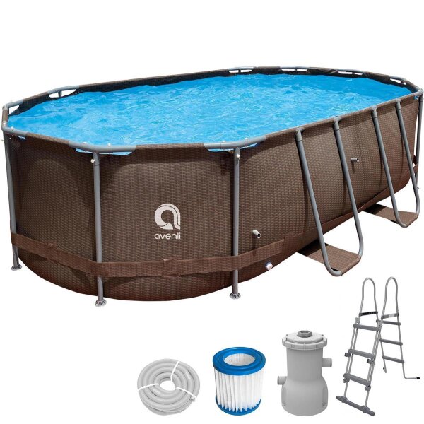 Avenli® Frame Oval Pool Set 427 x 275 x 100 cm, Aufstellpool, oval, mit Pumpe, braune Rattanoptik