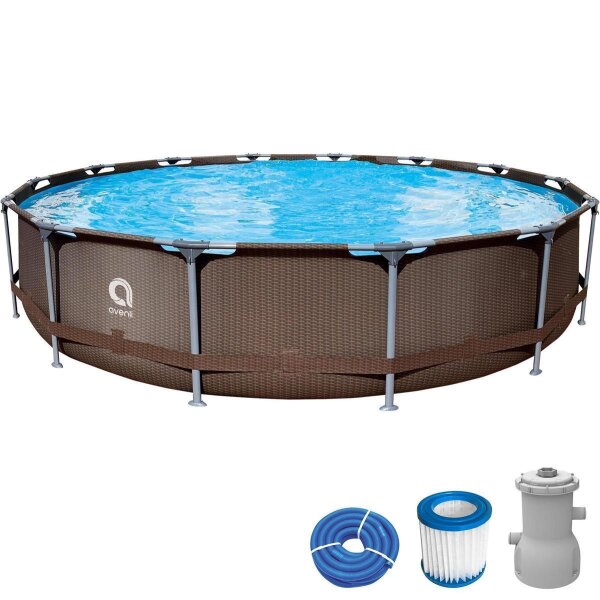 Avenli® Frame Plus Pool Set 427 x 84 cm, Aufstellpool rund, mit Pumpe in Rattanoptik