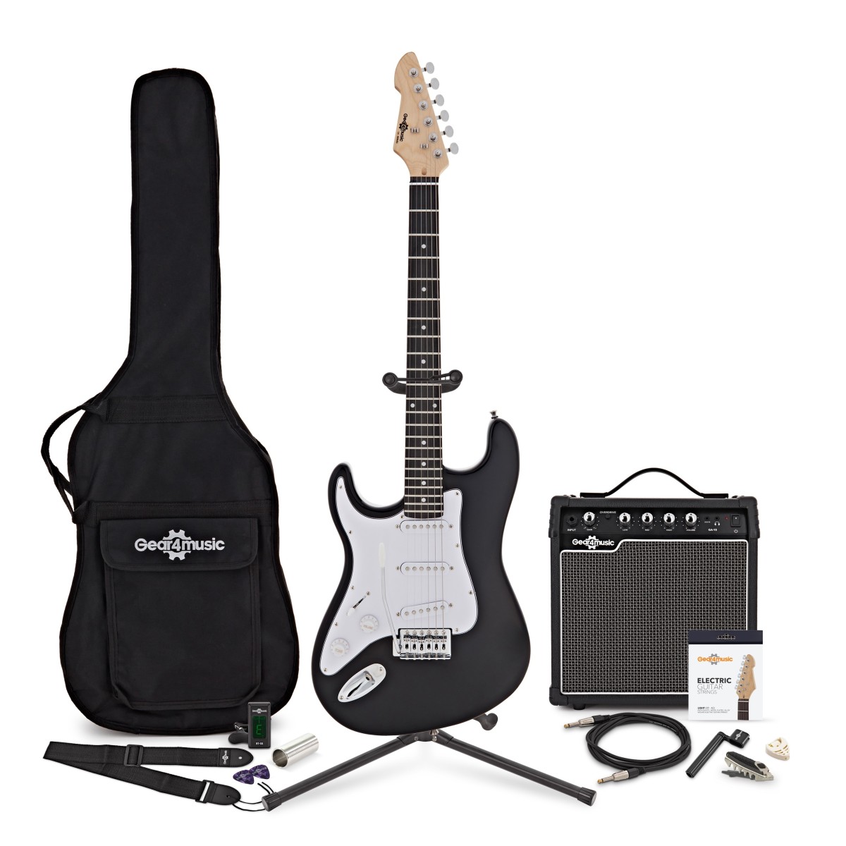 LA Linkshändergitarre Schwarz im Bundle mit 15-Watt-Verstärker und Zubehör-Komplettset
