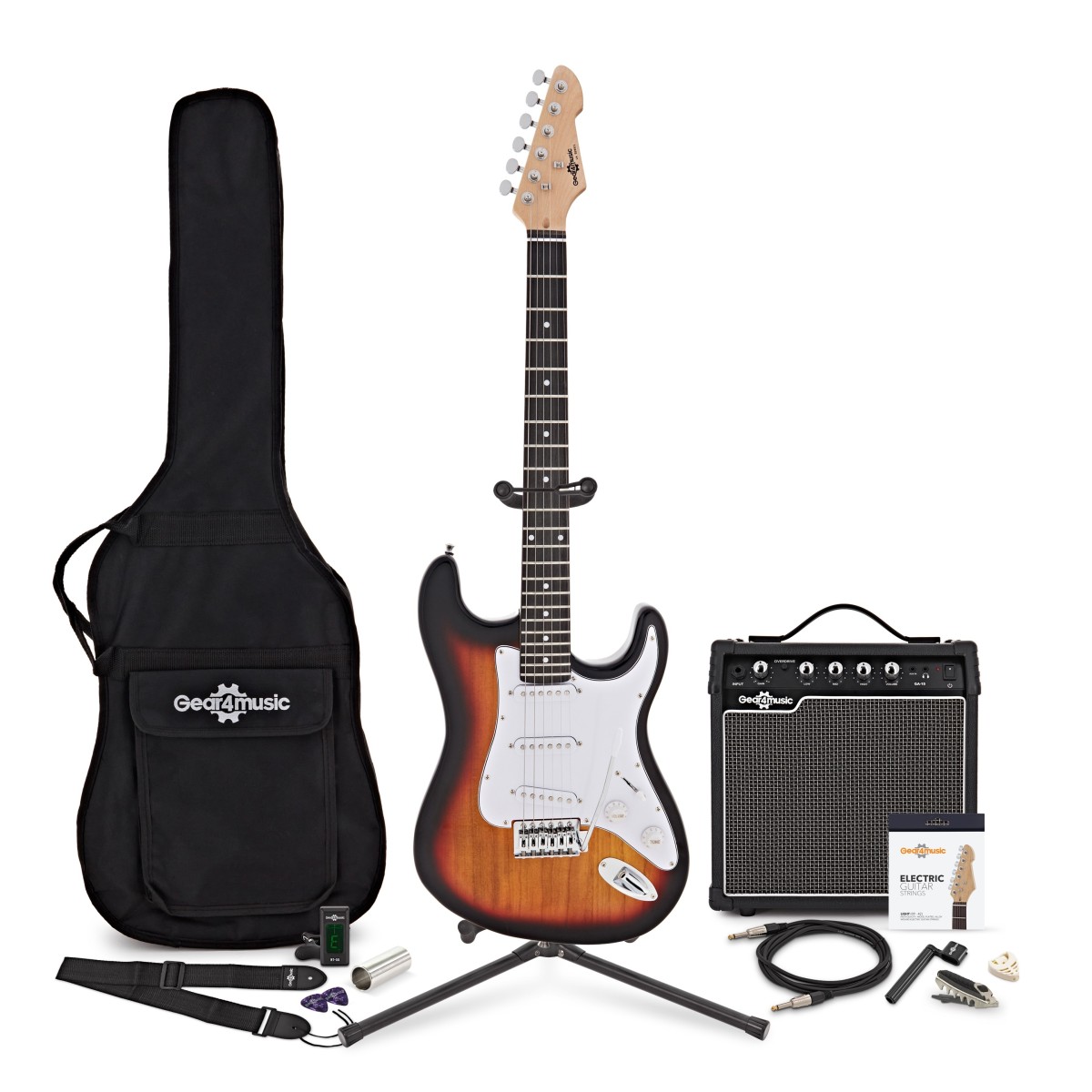 LA E-Gitarre Sunburst im Bundle mit 15-Watt-Verstärker und Zubehör-Komplettset