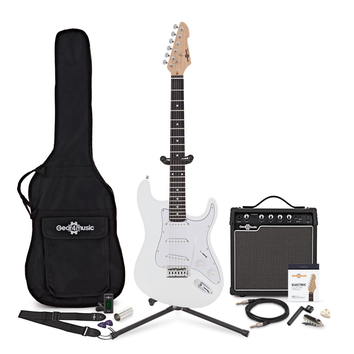 LA E-Gitarre Weiß im Bundle mit 15-Watt-Verstärker und Zubehör-Komplettset